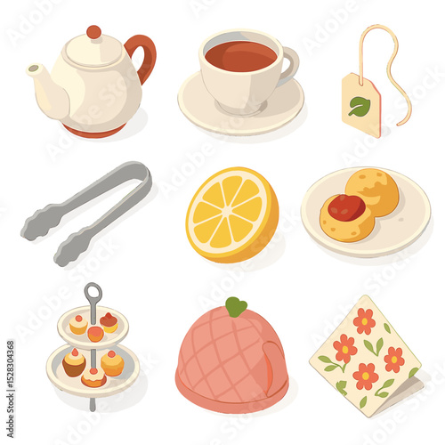 Tea Party Icons. Isometric Flat icon set of Tea party toasts: teapot, teacup, tea bag tag, sugar tongs, lemon slice, scone plate,