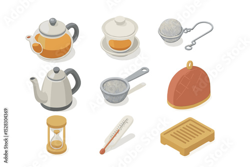 Tea Brewing Icons. Isometric Flat icon set of Tea Brewing Equipment: teapot, gaiwan, infuser, kettle, tea strainer, tea cozy,