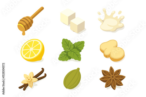 Tea Flavor Icons. Isometric Flat icon set of Tea Flavors and Additives: honey dipper, sugar cubes, milk splash, lemon slice, mint
