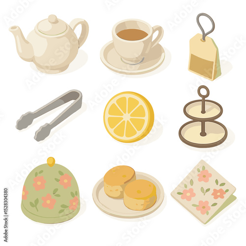 Tea Party Icons. Isometric Flat icon set of Tea party toasts: teapot, teacup, tea bag tag, sugar tongs, lemon slice, scone plate,