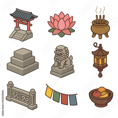 Temple Icon Set. Isometric Flat icon set of temple stone staircase: temple gate, lotus flower, incense burner, stepped stone block