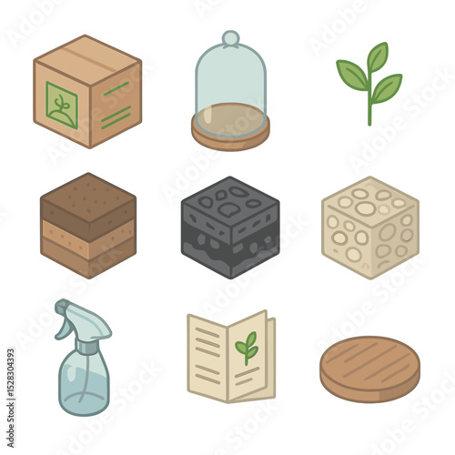 Terrarium Kit Icons. Isometric Flat icon set of terrarium kit box design: terrarium box, glass dome, miniature plant, soil layer,