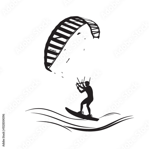 Kitesurfer silhouette on ocean waves