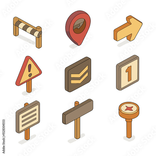 Trench Signals Icon Set. Isometric Flat icon set of Trench signals and signs: danger tape sign, trench map marker, directional