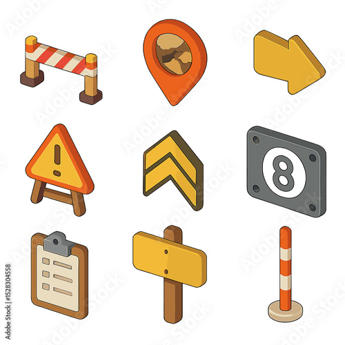 Trench Signals Icon Set. Isometric Flat icon set of Trench signals and signs: danger tape sign, trench map marker, directional
