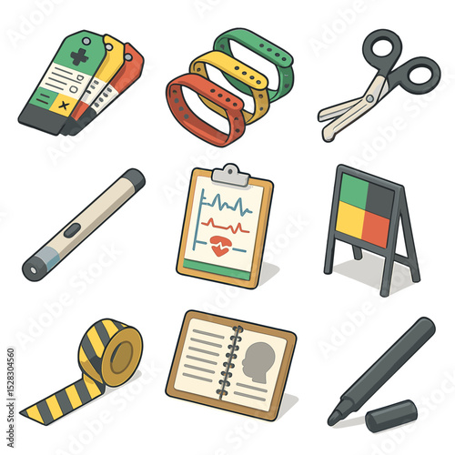 Triage Tools Icon Set. Isometric Flat icon set of on-scene triage tools: triage tags, colored wristbands, trauma shears, penlight,