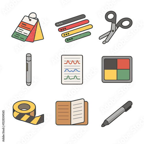 Triage Tools Icon Set. Isometric Flat icon set of on-scene triage tools: triage tags, colored wristbands, trauma shears, penlight,