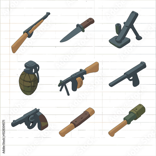 Trench Warfare Weapons Icons. Isometric Flat icon set of Weapons used in trenches: bolt-action rifle, bayonet knife, trench mortar