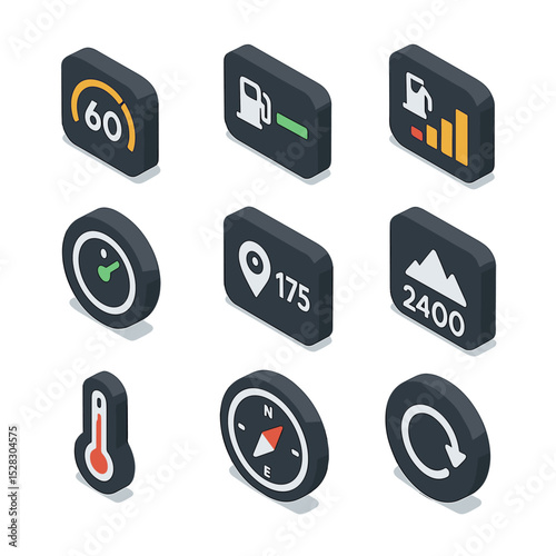 Trip Computer Icons. Isometric Flat icon set of Trip Computer Functions: average speed display, range estimator, fuel consumption