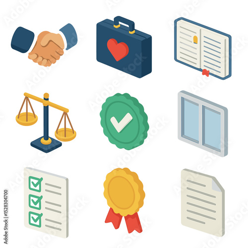 Virtue Ethics Icons. Isometric Flat icon set of Virtue ethics in business: handshake, briefcase-heart, ledger, scales, trust seal,