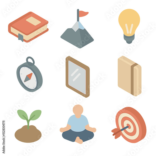 Virtue Ethics Icons. Isometric Flat icon set of Virtue ethics in personal development: self-help book, peak, lightbulb, compass,