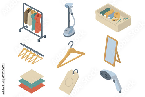 Wardrobe Icon Set. Isometric Flat icon set of Wardrobe and Costume: costume rack, garment steamer, sewing kit, wardrobe rails,