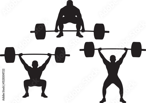 Set of strong men lifting weights, Black and white silhouette illustration