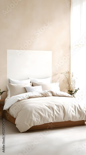 A minimalist bedroom features a king-size bed with a beige duvet cover, several coordinating pillows, and a simple white headboard.  Sunlight streams in from a sheer window curtain, il