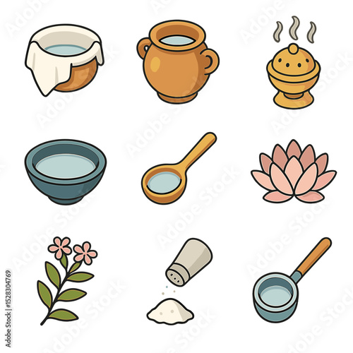 Water Rituals Icon Set. Isometric Flat icon set of Water Purification Rituals: filtering cloth, clay pot, incense burner,