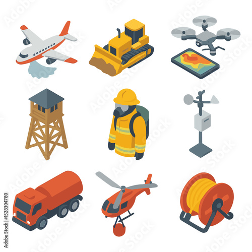 Wildfire Response Icons. Isometric Flat icon set of Wildfire management response: aerial water tanker, fire line bulldozer, drone