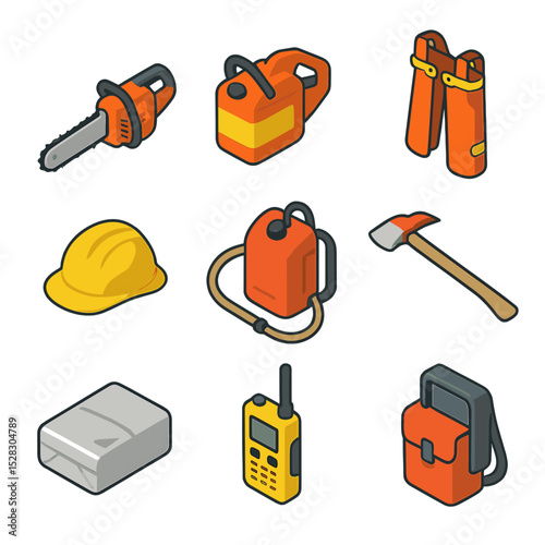 Wildland Firefighting Icons. Isometric Flat icon set of Wildland firefighting and chainsaws: chainsaw, fuel mix can, chaps, hard