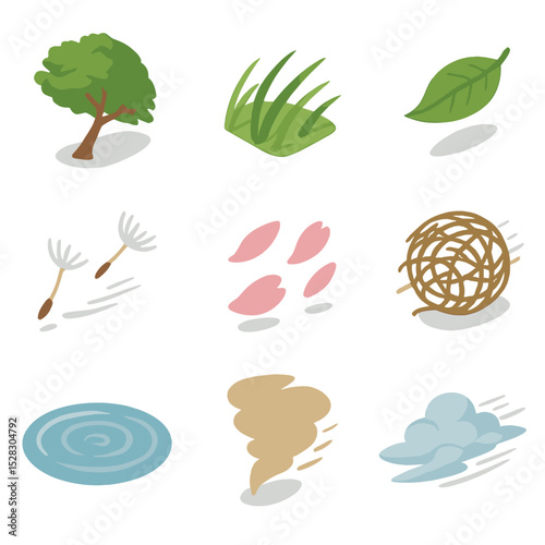 Wind Effects Icons. Isometric Flat icon set of wind effects in nature: swaying tree, bent grass, flying leaf, drifting seed,