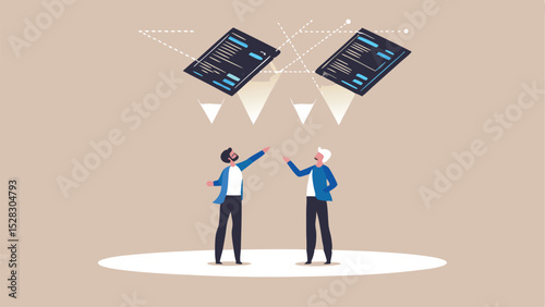 Two men pointing at floating documents with lines and spotlights above them on a stage area