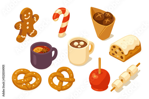 Winter Market Treats. Isometric Flat icon set of winter market treats: gingerbread cookie, candy cane, roasted chestnut, mulled