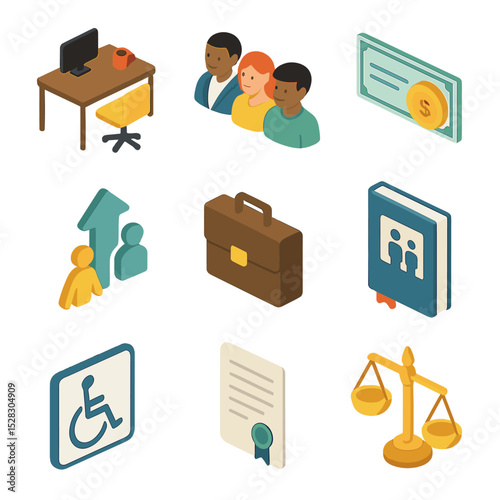 Workplace Equality Icons. Isometric Flat icon set of Workplace equality policies: office desk, diverse employee avatars, equal pay