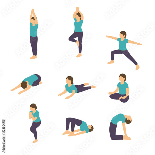 Yoga Pose Icons. Isometric Flat icon set of yoga awakening poses: sun salutation, tree pose, warrior II, child’s pose, cobra pose,