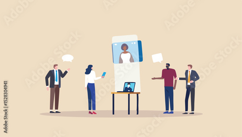 People in a virtual meeting with screens and speech bubbles discussing business strategy in office space