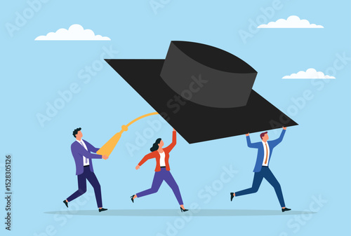Vector illustration of a group of people carrying a large graduation cap, representing unity, shared success, and the collective effort in achieving educational goals
