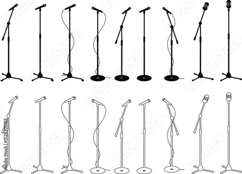 Microphones on counters and microphones and stands separately for design icon set. Vector silhouette clip arts. Retro and modern music sign, mic tool. Close-up microphone stand in small collection.
