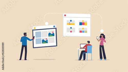 People collaborating on web design with floating windows and laptop in a light background scene setup
