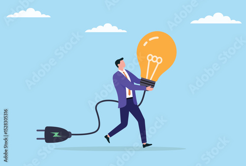 Vector illustration of a businessman running forward while holding a light bulb, symbolizing proactive innovation, pursuing new ideas, and driving progress in the business world
