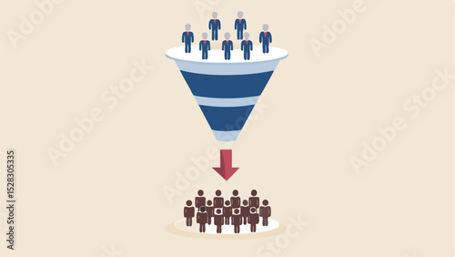 Illustration showing a funnel with people at the top and people at the bottom with an arrow down