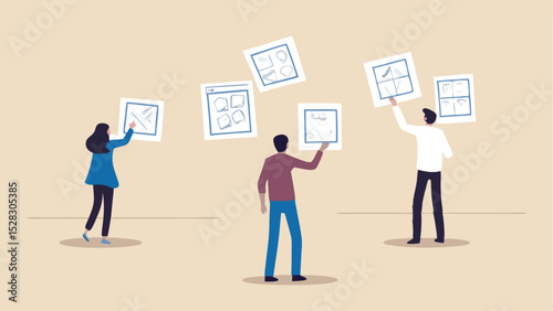 People arranging design sketches on the wall in a collaborative creative process environment setting up ideas