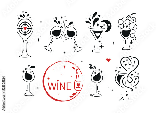 Romantic Vector Set of Wine Glasses with Hearts, Shining Stars, Wine Splashes