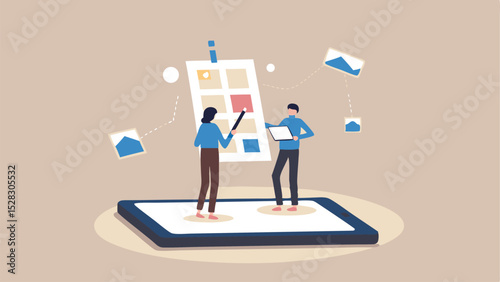 Two people collaborating on a grid of items above a large mobile device illustration design