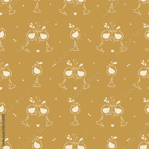 Golden Romantic Vector Seamless Pattern of Wine Glasses with Hearts, Shining Stars, Wine Splashes. Wine Lover Holiday Background