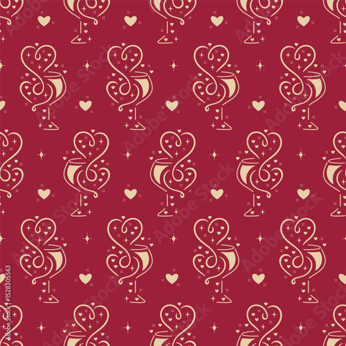 Burgundy Golden Romantic Vector Seamless Pattern of Wine Glasses with Hearts, Wine Splashes. Wine Lover Holiday Background