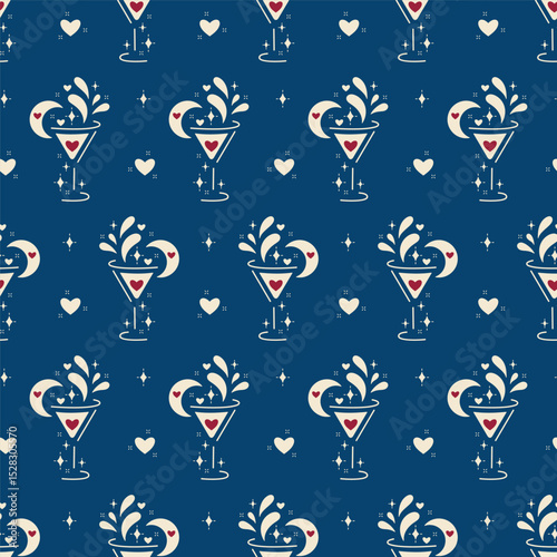 Blue Romantic Vector Seamless Pattern of Wine Glasses or Cocktail with Hearts, Wine Splashes, Moon. Wine Lover Holiday Background