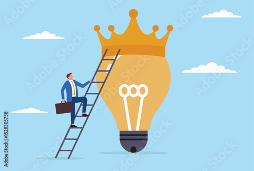 Vector illustration of a businessman climbing the ladder toward a crown, symbolizing ambition, leadership, and the pursuit of ultimate success and achievement
