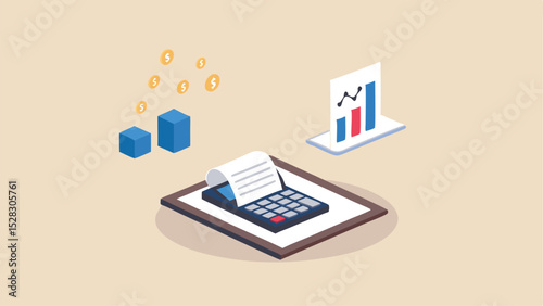 Illustration of financial planning with calculator, chart, money and cubes on a beige background