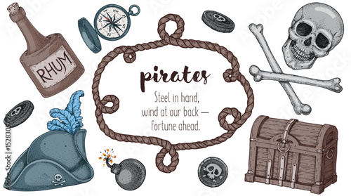 Marine frame with pirate symbols. Hand drawn vector art. Sea adventure template. Great for themed graphics and children's illustrations.