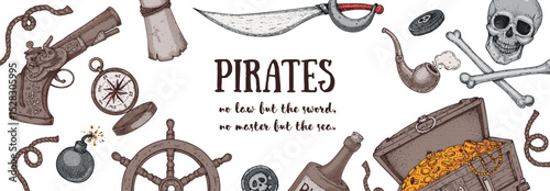 Pirate adventure frame. Hand drawn vector illustration. Nautical marine design template. Design elements for pirate-themed projects, maps, and invitations.