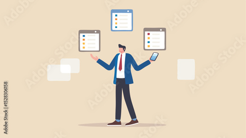 Man in suit juggling three floating task lists while holding a smartphone in his right hand calmly