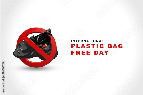 International Plastic Bag Free Day featuring a black plastic bag with a red banned sign, use eco-friendly bag, suitable for banners, posters and social media needs.