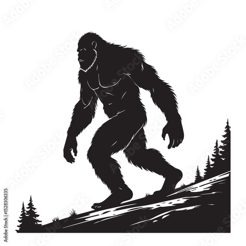 Bigfoot silhouette walking in the forest