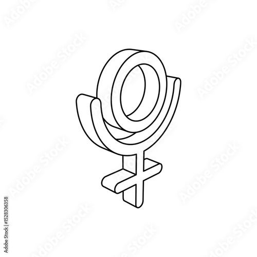 The outline of a large astrological pluto symbol is made with black lines. 3D view of the object in perspective. Vector illustration on white background