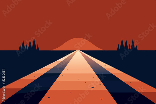 Geometric road landscape, abstract highway vector, orange sunset background, travel illustration