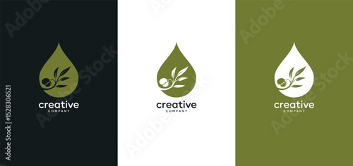 olive oil and branch logo design extract droplet water drop, plant leaf beauty  inspiration