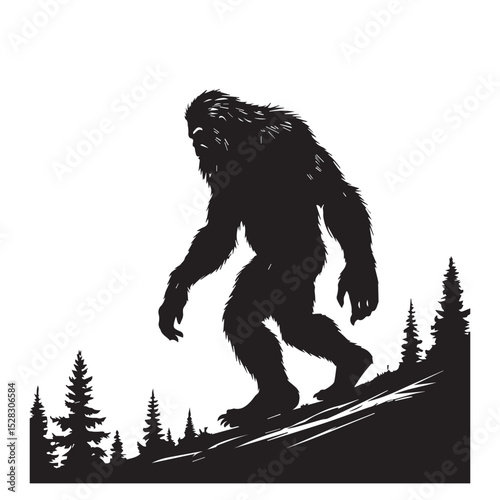 Bigfoot silhouette walking in a forest