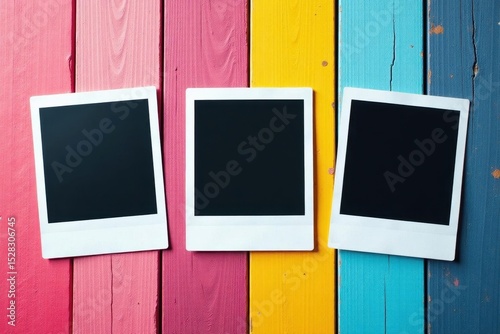 Three empty Polaroid photos against multicolored wooden backdrop, photography, mockup